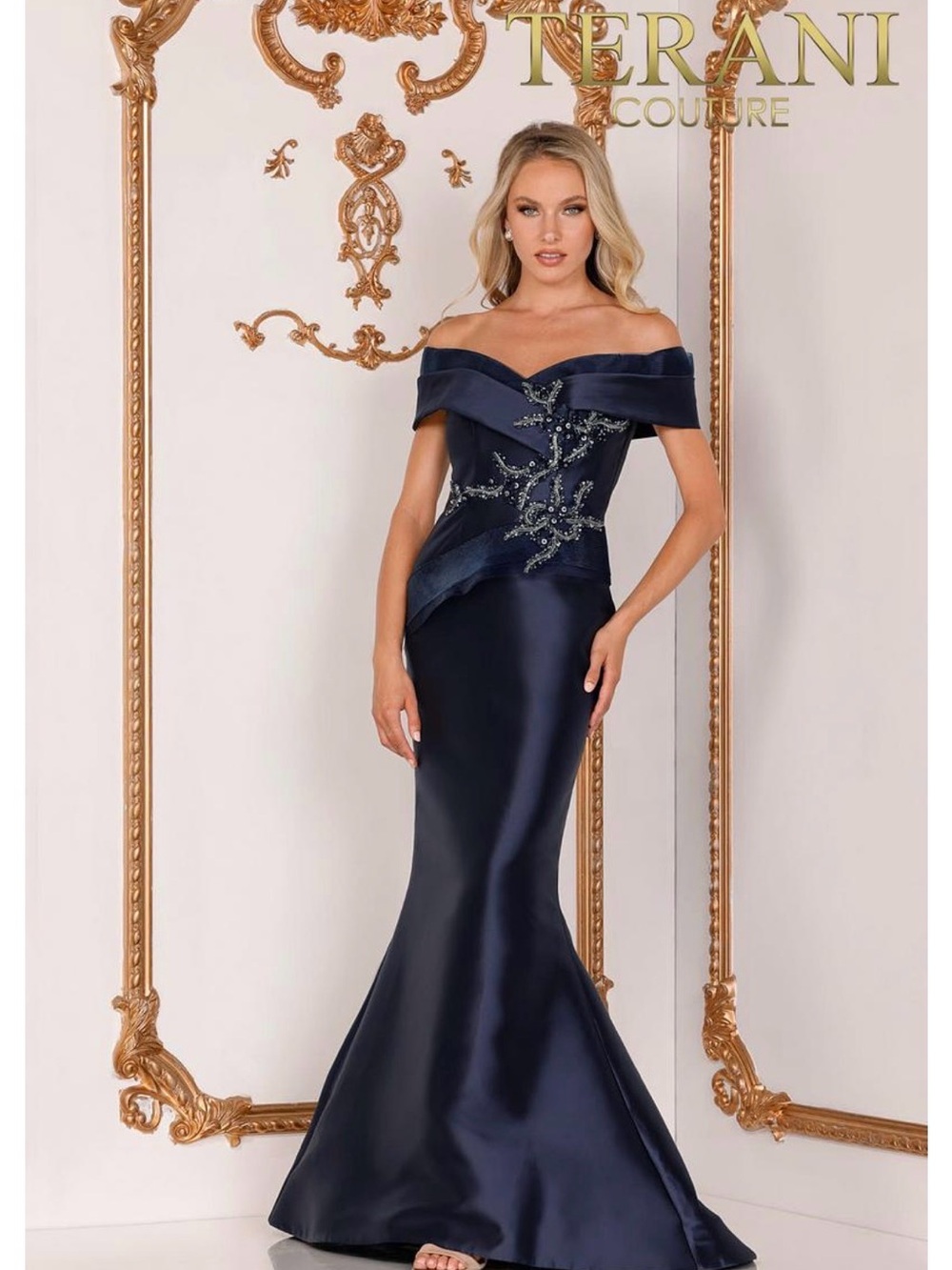 Terani Couture One-Shoulder Dress in Navy Blue